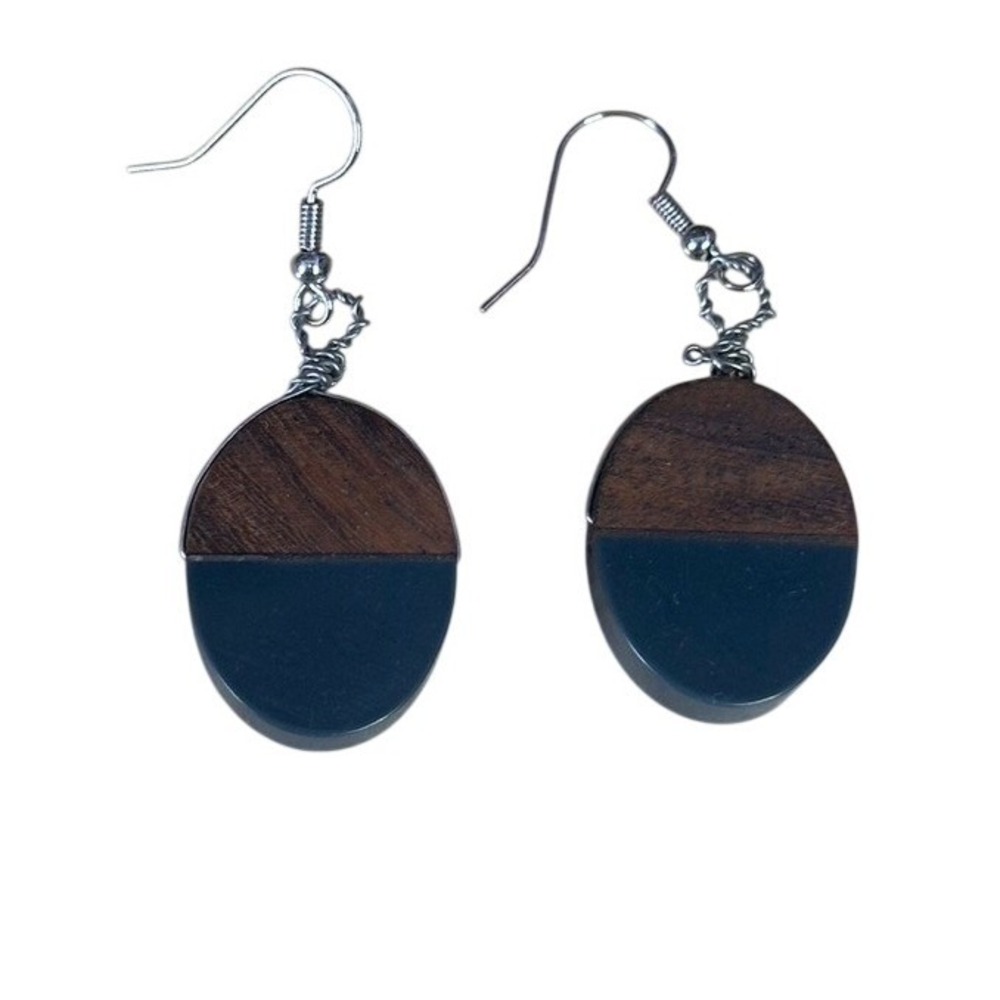 Handmade Wood and Navy Blue Resin Oval Drop Earrings Silver Tone French Wire